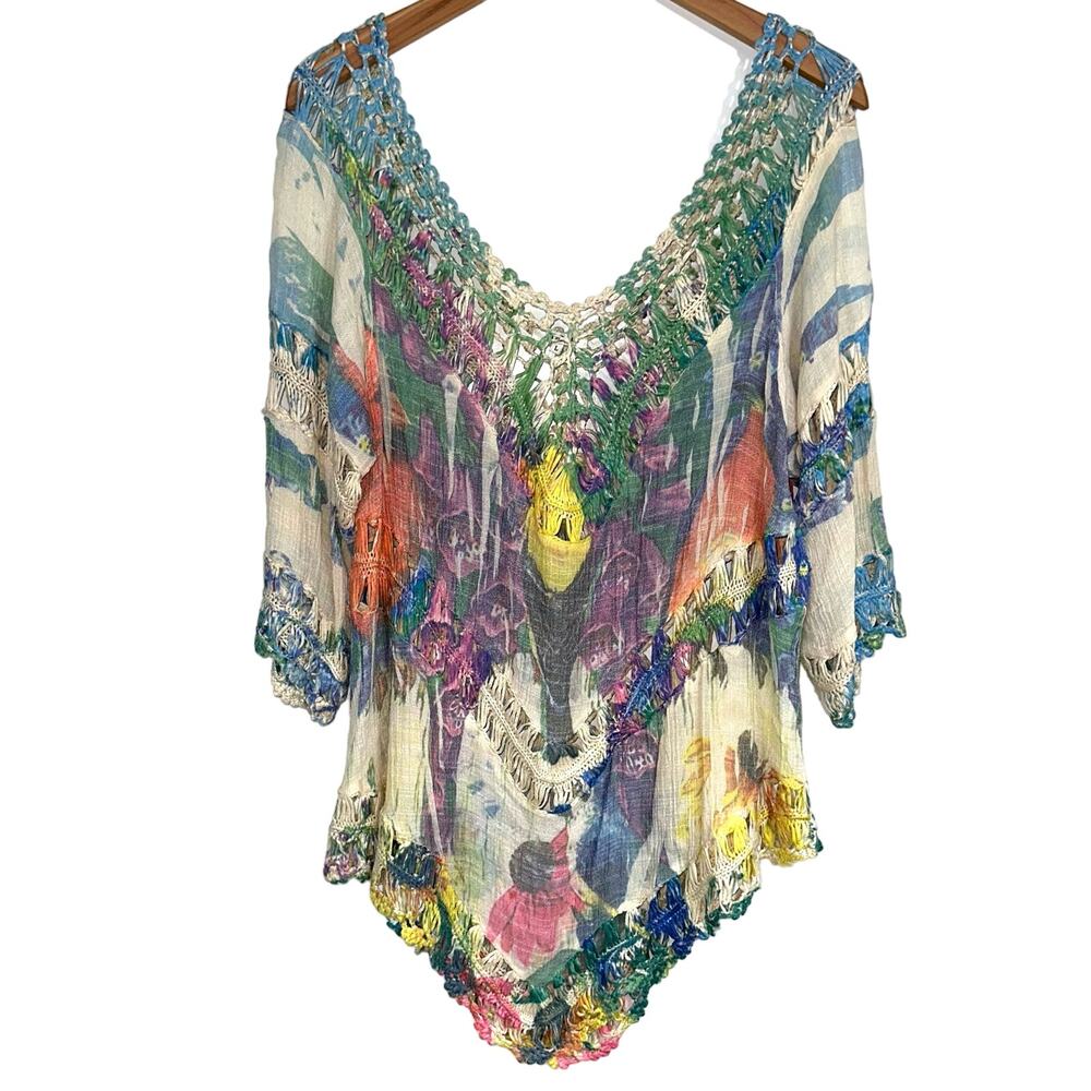 Adore Boho Hippie Colorful Abstract Floral Crochet Festival Top Size Large - Picture 2 of 13